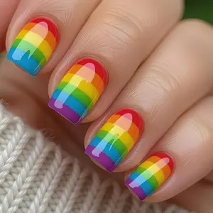 Colorful Rainbow Nail Art, Full Stripe Rainbow Design, Fashion Short Square False Nails, 24 Pieces Set, Stylish Manicure Accessories