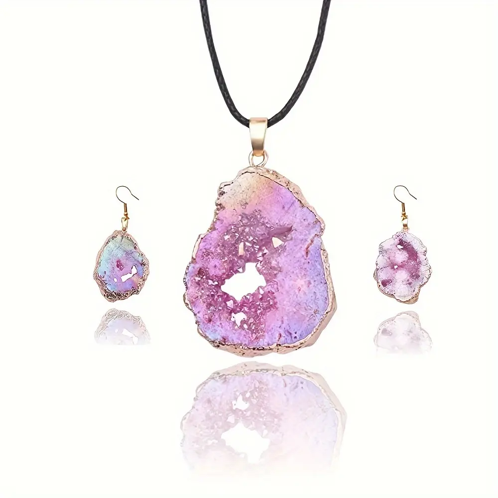 2Pcs Natural Agate Slice earring Necklace - Irregular Slice Natural Quartz Geode Pendant Necklace, Vintage Crystal Agate Geode Slice Necklace Charm Pink Blue,Bohemian Natural Stone Jewelry for Women, Mother's Day gift home decor Kit