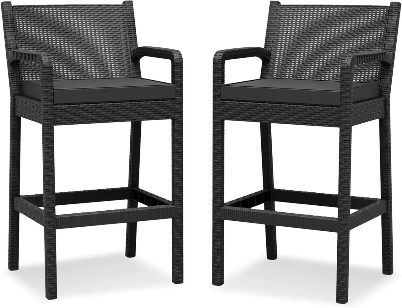 Gaomon 2-Piece Upholstered Cushion Stools Set - Ergonomic-Arm, Black Rattan, Waterproof Plastic, Weather-Resistant Bar Height Indoor Outdoor Furniture Sets with Lightweight Portability, Hand-Woven Craftsmanship for Balcony, Back Porch