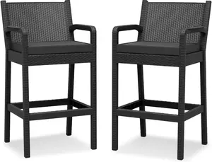 Set of 2 Outdoor Bar Stools with Arms – Black Wicker Patio Barstools with Cushions, Tall Weather-Resistant Bar Height Chairs for Balcony, Garden, Pool Deck & Backyard