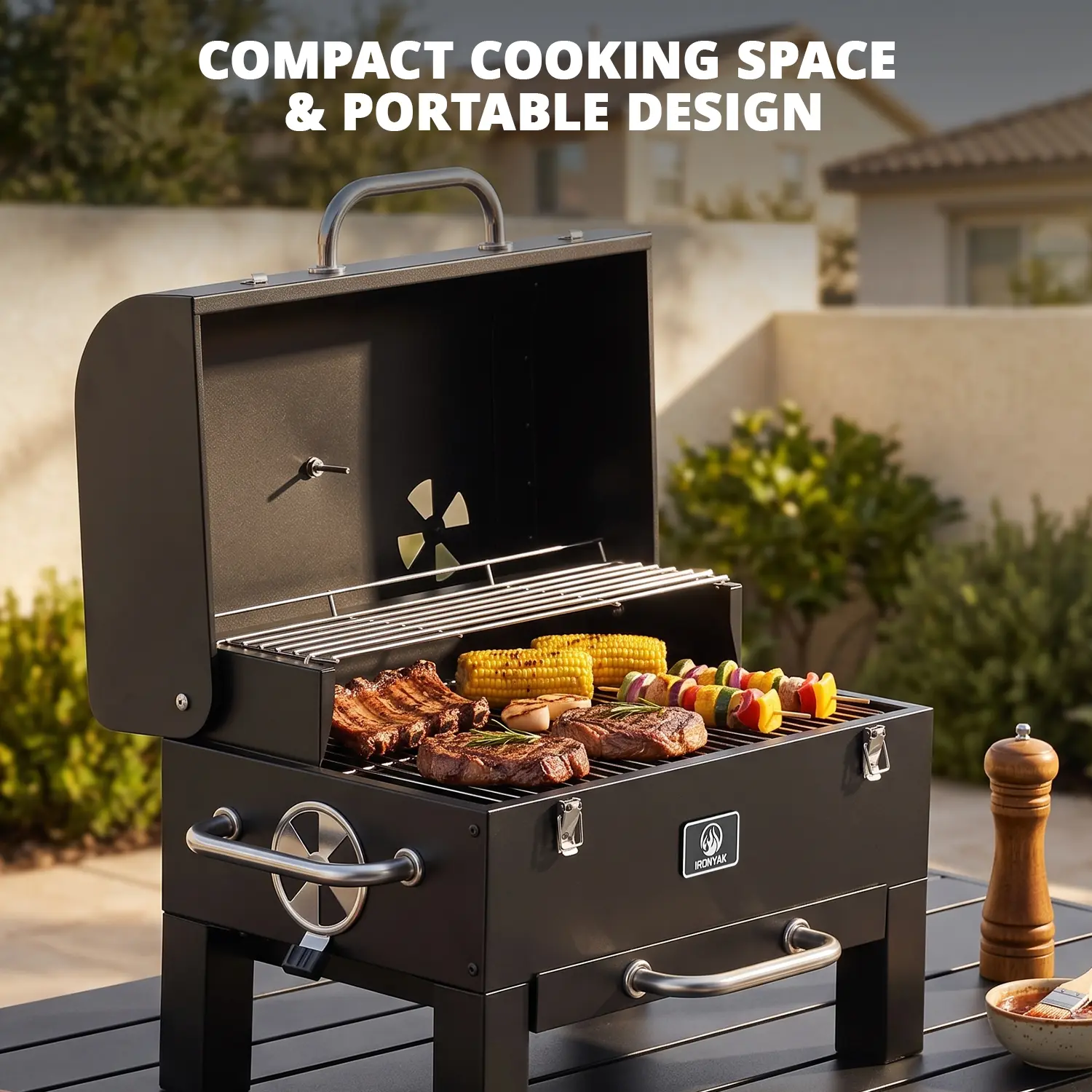 IRONYAK Portable Outdoor Charcoal Grill & Smoker - Compact 319 Sq.In. Cooking Area, Chrome Steel Grates, Adjustable Vents for Cooking Control, Tabletop BBQ for Camping Enthusiasts, Cover Included