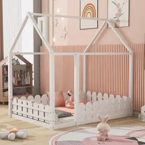 [Fahuac] Full Size Loft Bed with House Design - Roof & Fence, Pine Frame, 300LB Capacity, for Kids Bedroom Playhouse.