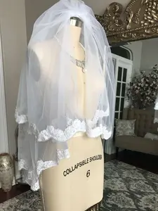 Style SV02 Lightly Beaded Floral Wide Lace Trim Short Veil