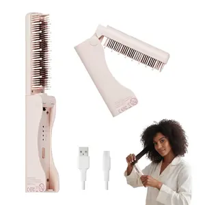 Mavié Compact Hair Straightening Brush - Foldable, Cordless & Rechargeable Hot Comb for Travel, 30s Fast Heat-Up, 3 Heat Modes, Auto Shut-Off