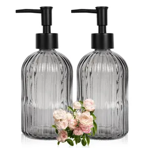 Matte Gray Glass Countertop Soap Dispenser Bottles, 2-Pack 13 oz/400ml Refillable Liquid Hand Soap Dispensers with Plastic Pumps, Ideal for Kitchen & Bathroom, Great Gift for Lotions & Essential Oils, Countertop Soap Dispensers