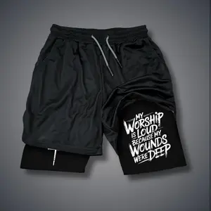 Christianity 80s 90s Double-Layer Sports Shorts Graphic Shorts Black Camo Streetwear Shorts Men Outfits Men Vacation Outfits Shorts