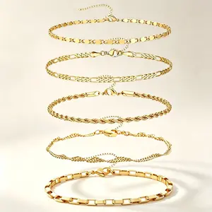 5Pcs 18K Gold Plated Stainless Steel Bracelet Set For Women, Adjustable 7.87+1.96Inch Stackable Cuban Rope Link Chain Bracelets, Tarnish Free Dainty Layered Wrist Jewelry For Daily Wear Birthday Gift