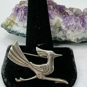 NATIVE SIGNED GLENN 925 SANDOVAL STERLING SILVER ROADRUNNER PIN