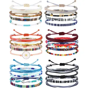 LOLIAS 24Pcs Waterproof String Bracelets for Women Surfer Wave Boho Bracelet Adjustable Handmade Friendship Bracelet String Ocean Beach Boho Bracelets Anklets for Women