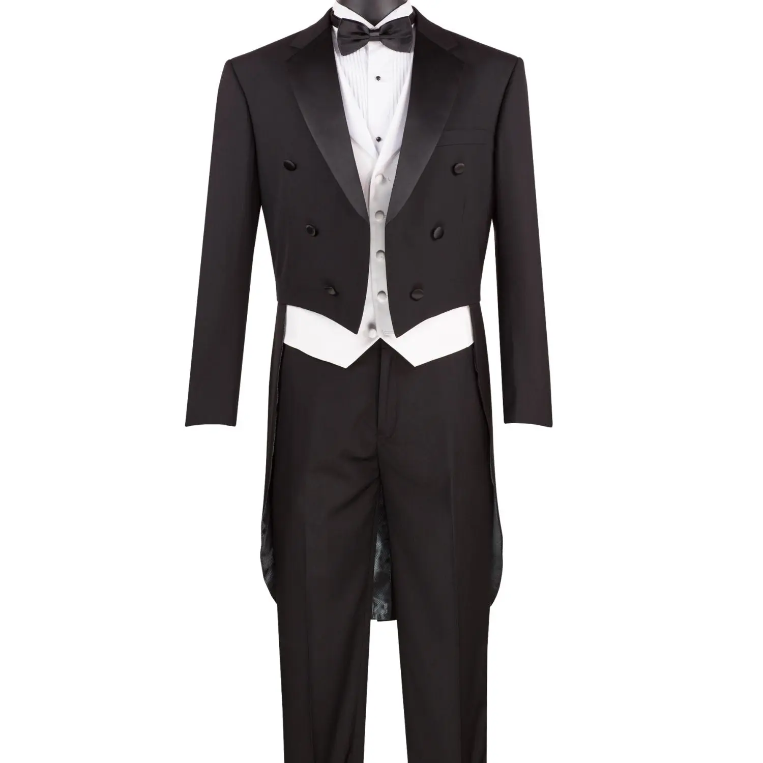 Men’s 3-Piece Tailcoat Tuxedo with Vest and Pleated Pants - Black