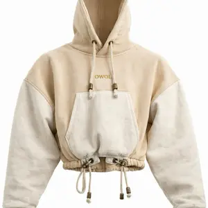 OWOL Women’s Cinch Crop Hoodie - Beige Color, Drawstring Design, Long Sleeve, Casual Style, Suitable for All Seasons