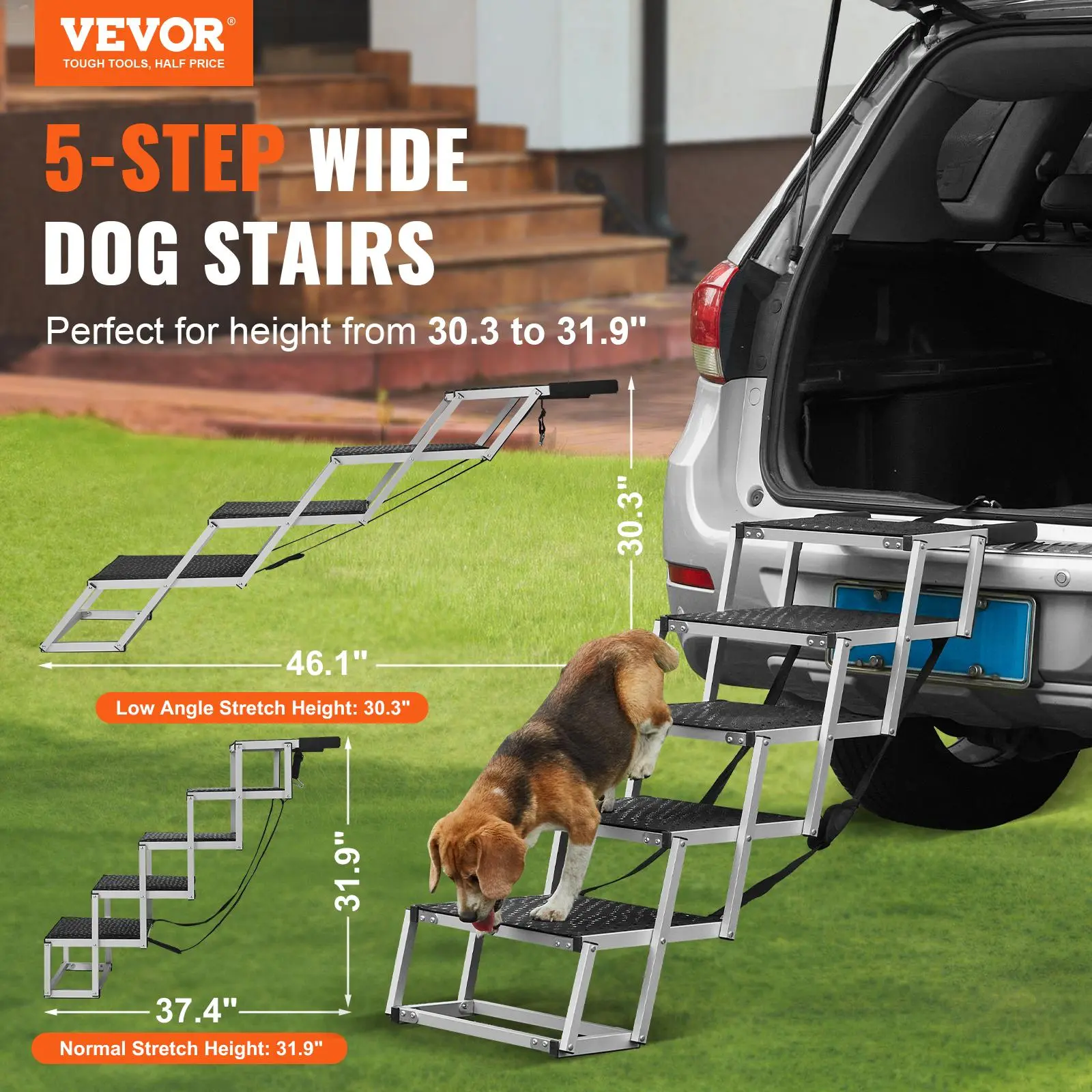 VEVOR Dog Stair for Cars,  Wide 5-step Dog Car Steps, Folding Dog Car Ramp with Nonslip Surface, Portable Pet Steps Lightweight Aluminum for Car, SUV and Truck, Supports up to 150 lbs
