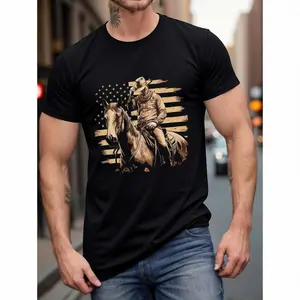 Men's Cowboy On Horse Print T-Shirt - Casual Summer Short Sleeve Round Neck Knit Tee - Breathable Fabric Made In USA