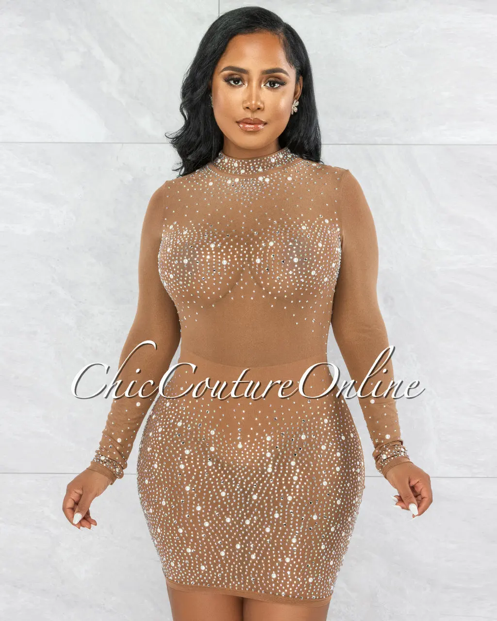 *Fedelta Mocha Silver Rhinestones & Pearls Mesh Dress