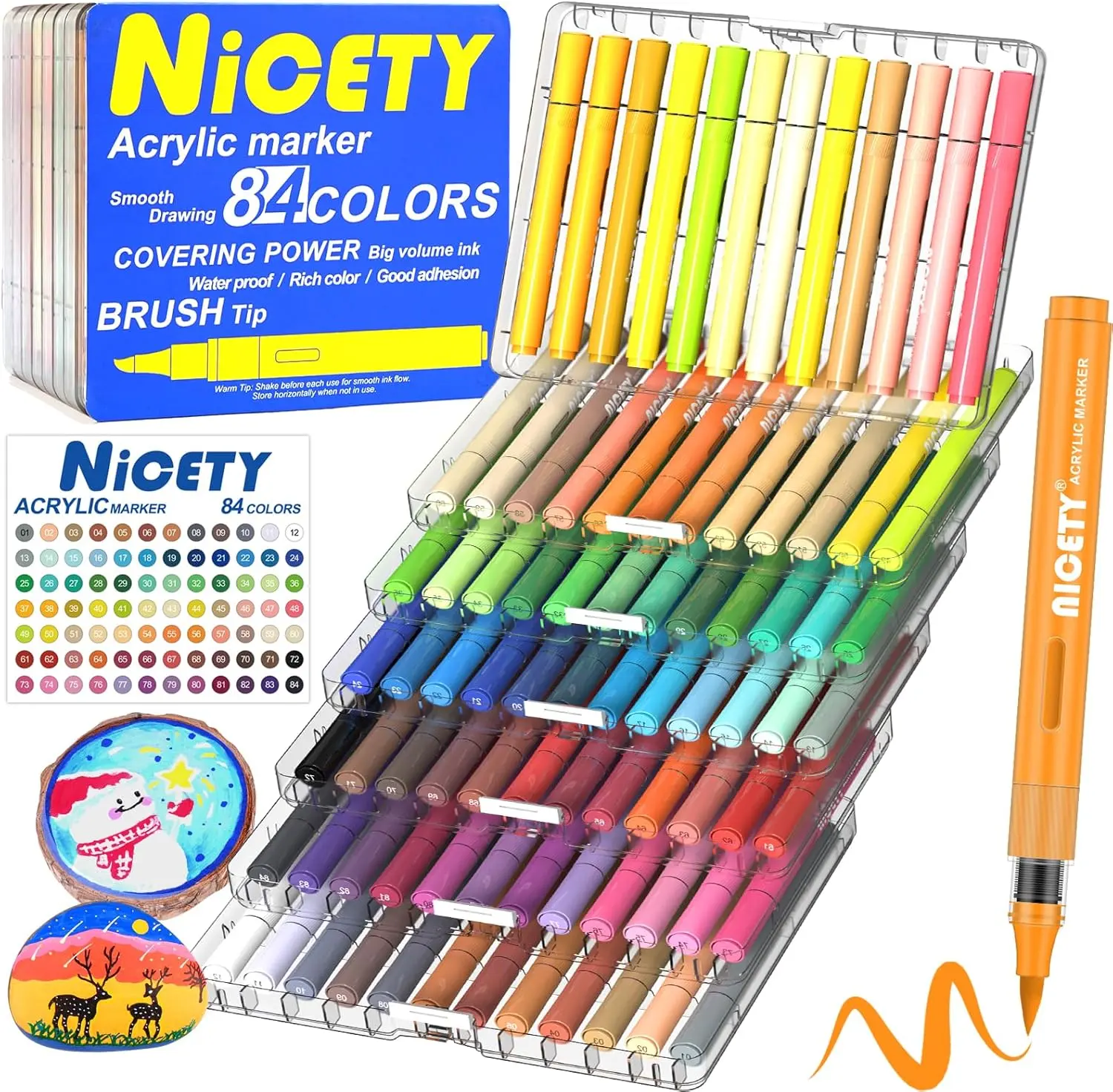 NICETY 84-Color Acrylic Paint Markers Set, Water-Based Brush Tip Paint Pens with 1–5mm Flexible Tips & Automatic Ink Control for Rock, Wood, Glass, Ceramic, Fabric & Canvas