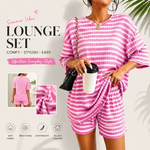 Women's 2 Piece Striped Knit Lounge Set Short Sleeve Tee and Shorts Casual Summer Loungewear