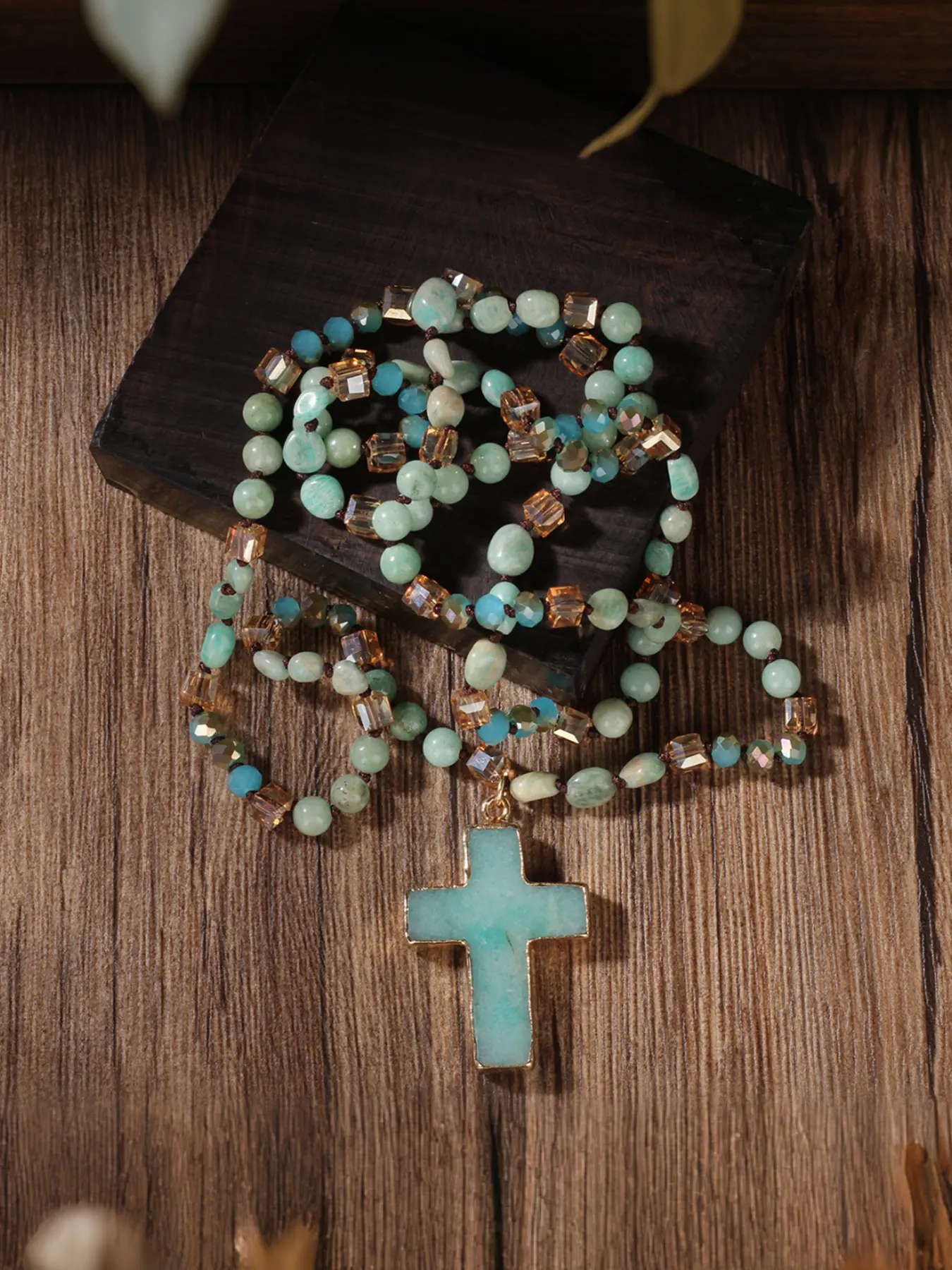 Natural Crystal Tian Stone Necklace Unique Crystal Design Long Sweater Chain Cross Pendant Faith Symbol Jewelry, Purify Energy, Enhance Self-Acceptance, Healing Accessory, Fashion Accessory Necklace, Spiritual Pendant, Pendant With Necklace