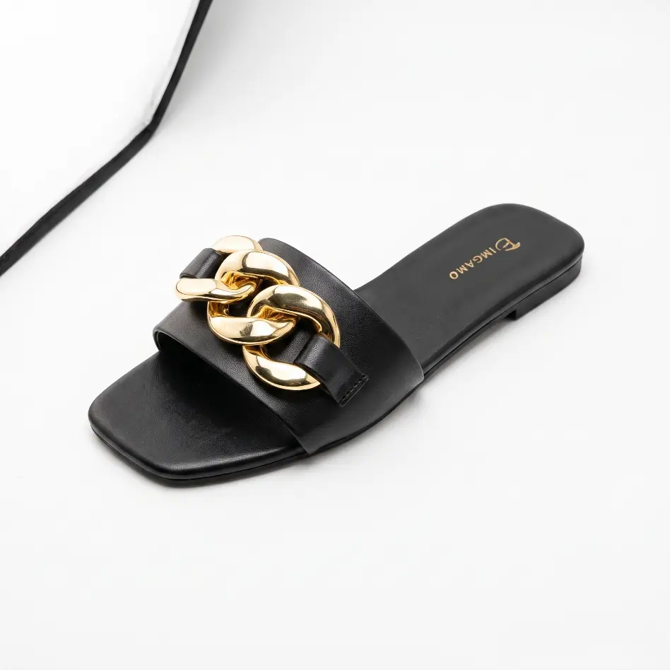 Dimgamo  Flat Sandals for Women, Dressy Slides with Metal Chain, Square Open Toe Single Band, Cushioned Footbed Summer Sandals