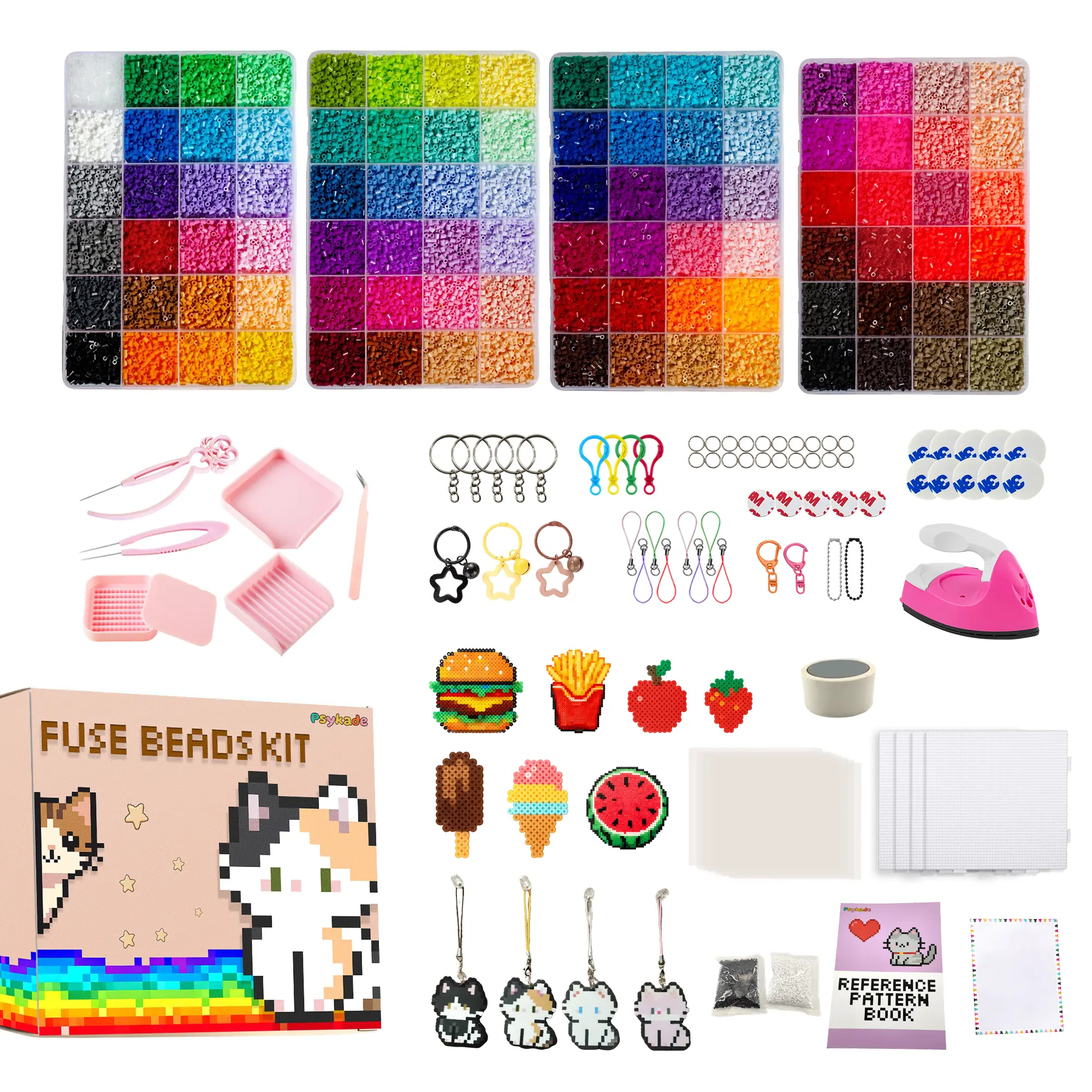 All-in-1 Fuse Beads Kit - Easy DIY, 96 Colors 53000 Pcs 2.6mm, 200+ Patterns, Built-In Iron - DIY Crafts Supplies for Women, Ideal Gift for Pixel Art Room Decorations