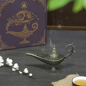 Vintage Lamp-Style Incense Burner Set – Ornate Carved Metal Holder with Aroma Scented Floral Incense Tablets | Home & Office Desktop Decor