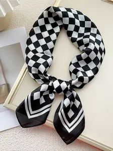 1pc 27.5"*27.5" Black & White Chessboard Pattern Faux Silk Bandana Small Square Checkered Scarf, Classic & Versatile For Women, Suitable For Daily Decoration, Street & Business Wear, Casual Soft Shawl