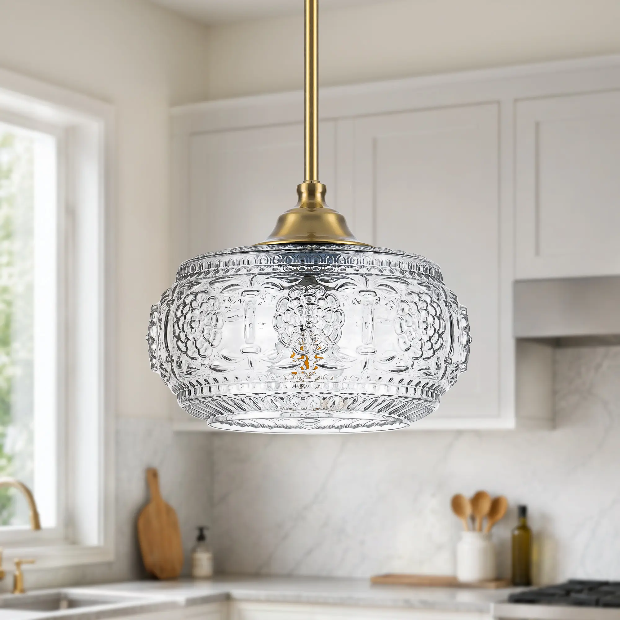 9.44'' 1-Light Floral Patterned Glass Pendant Light for Kitchen Island