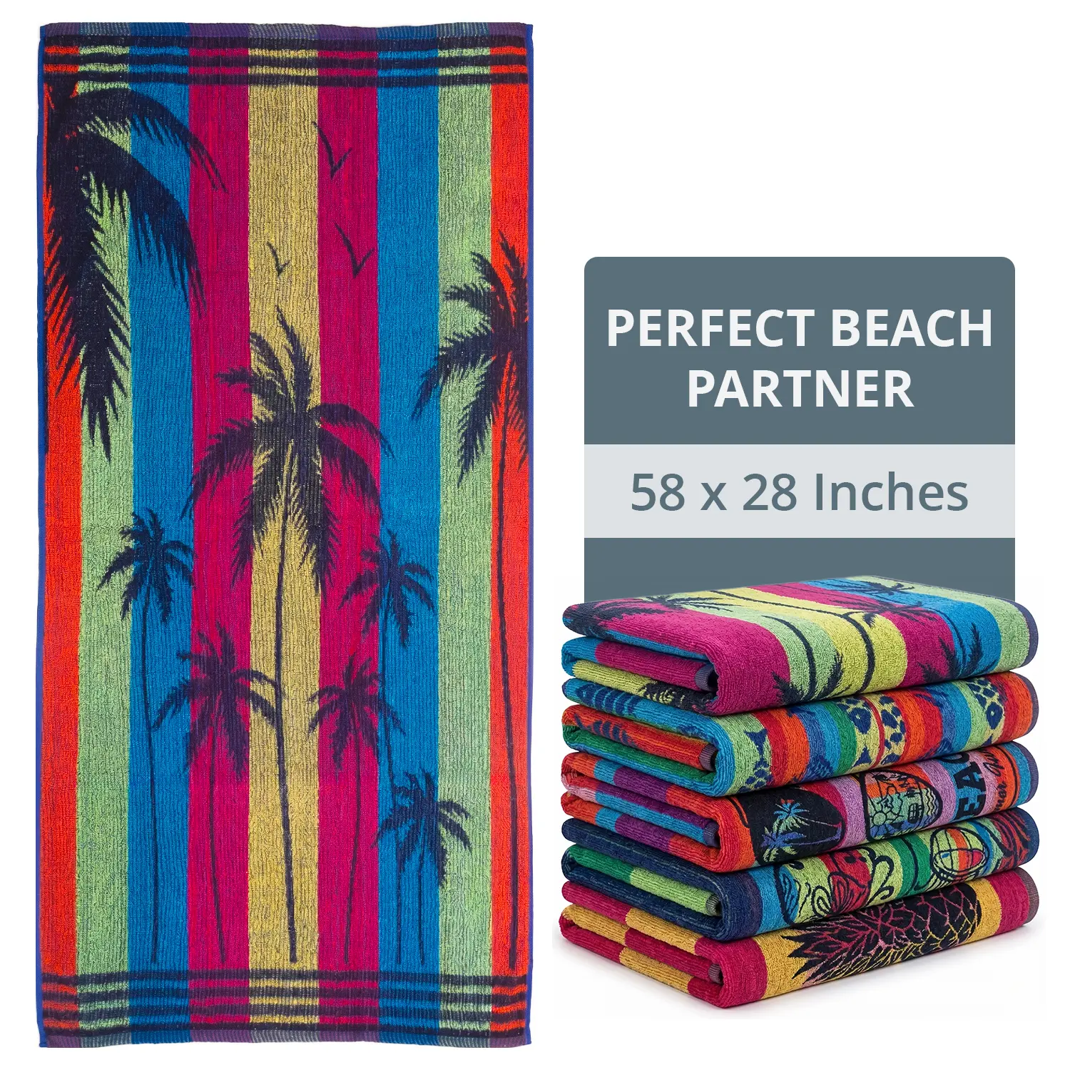 Oversized Beach Towel 28x58 Inches 100% Cotton Large Soft Absorbent Quick Dry Pool Bath Towel Tropical, Glasss and Octopus design