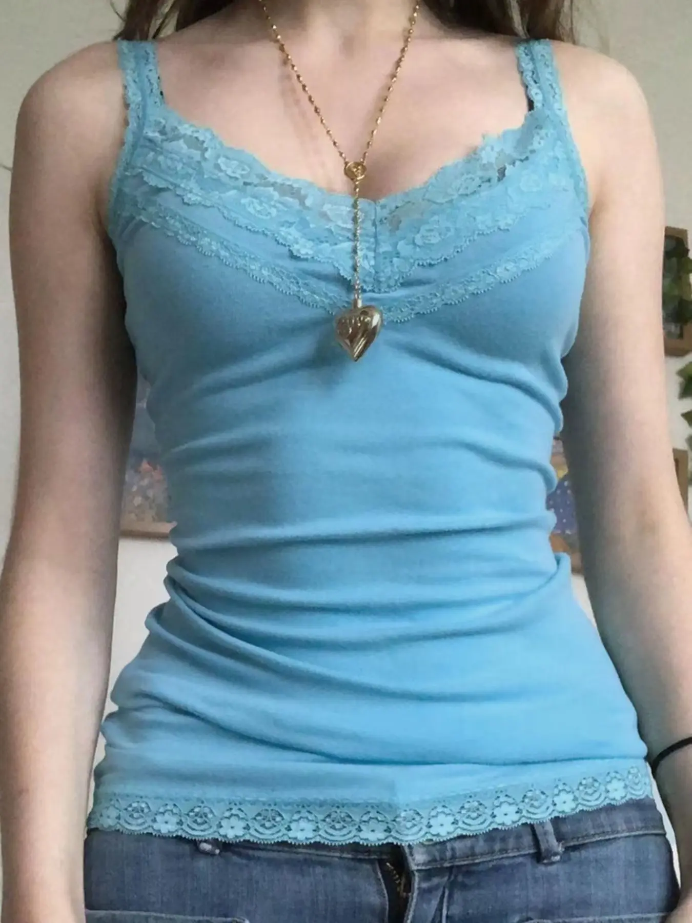 Pure Color Lace Trim Halter Top, V Neck, Lace Straps, Soft, Gentle Girl Feminine Outerwear Inner Layering Base Shirt Women