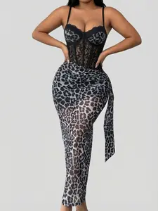 Sculpt Touch Leopard Print Shapewear Dress Tummy Control Bodycon Maxi Dress with Built-in Corset Sexy Slim Fit