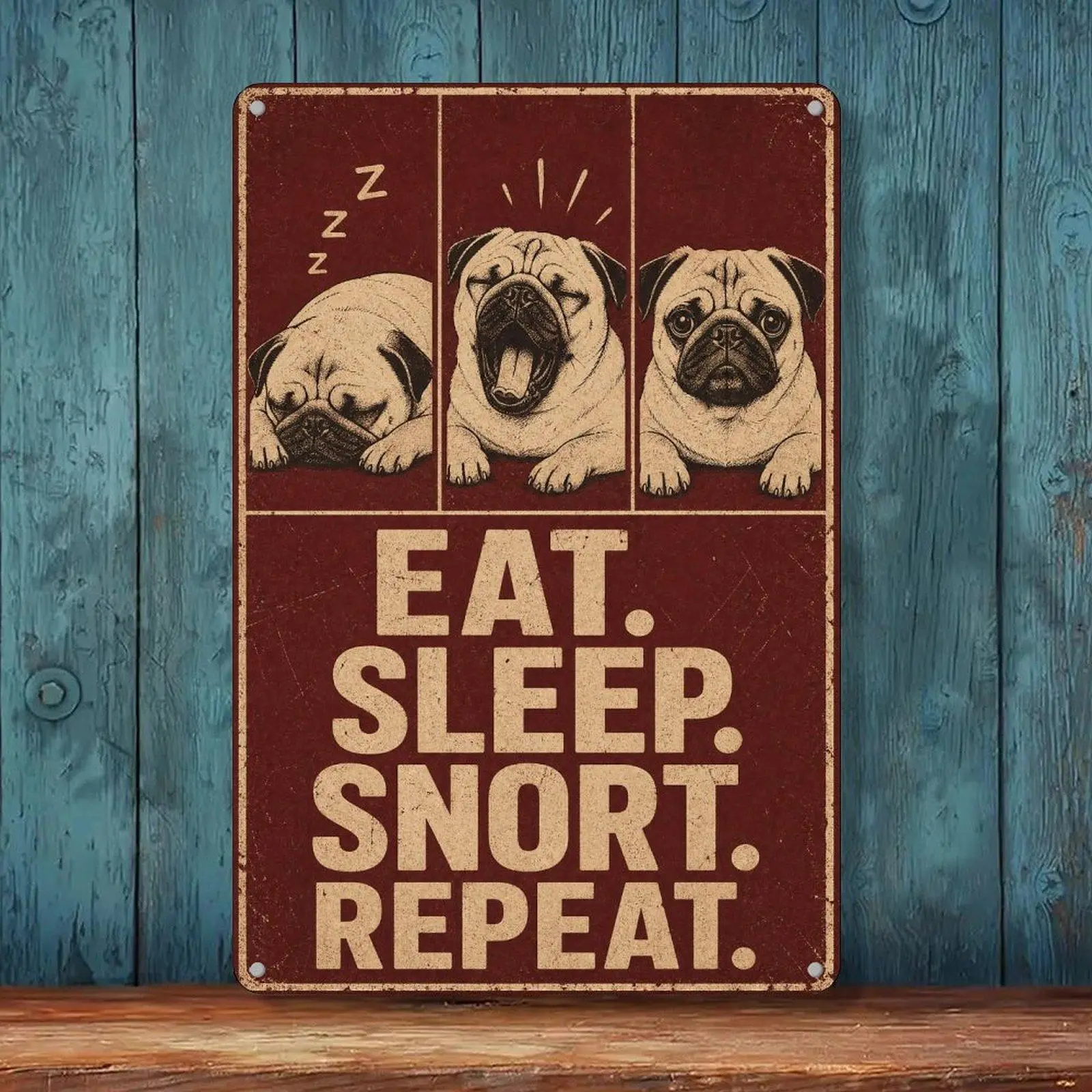 Eat Sleep Snort Repeat Three Panel Pug Retro Distressed Tin Sign 8x12in Pet Humor Home Wall Decor Metal Tin Sign