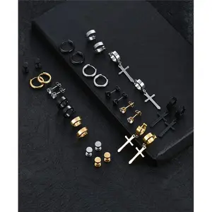 15 Pairs Stainless Steel Cross Dangle Hinged Earrings Hoop Earrings  Set for Men Women