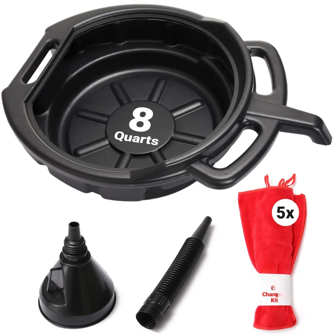 Oil Change Kit - Includes 8-Quart Oil Pan, Longneck Oil Funnel with Removable Filter, and 5 Pack of Shop Towels -  Oil Drain pan for Changing Oil - Oil Change Value Kit with by  Living