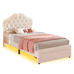 Sikaic Twin Size Velvet Princess LED Bed Frame White Curved Upholstered Headboard Modern Storage Drawers