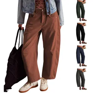 SCUSTY Women's Corduroy Pants Barrel Mid-Rise Elastic Waist Cord Pants Casual Wide Leg Baggy Trouser with Pockets