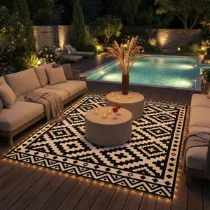 Illuminated Outdoor Carpet with USB Powered Lights 37.5' String Light 115 LEDs Reversible Black White Pattern Water Resistant 120.1" x 95.7" for Patio Camping Glamping Beach
