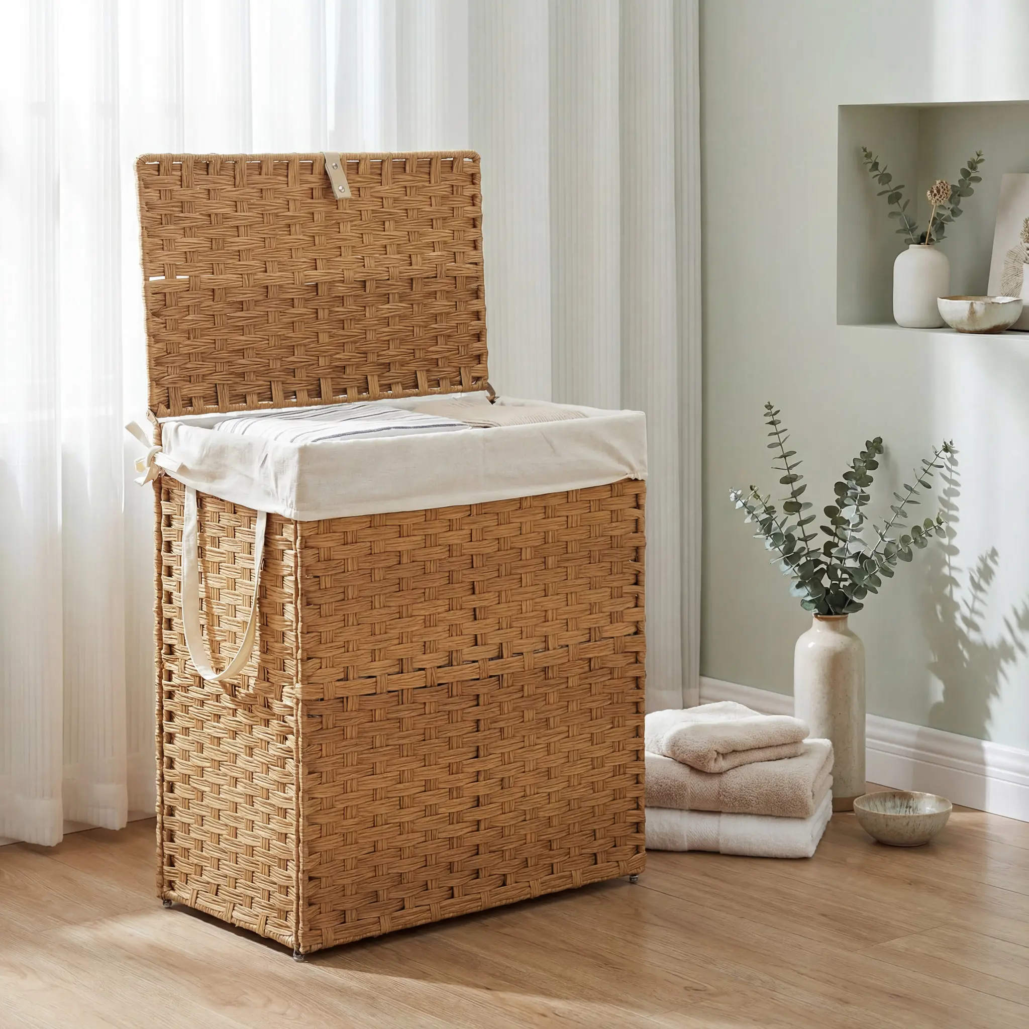 Modern Rectangle Woven Laundry Basket Bag, Large-Capacity Waterproof Dirty Clothes Hamper with Lid, Foldable Durable Home Storage Organizer