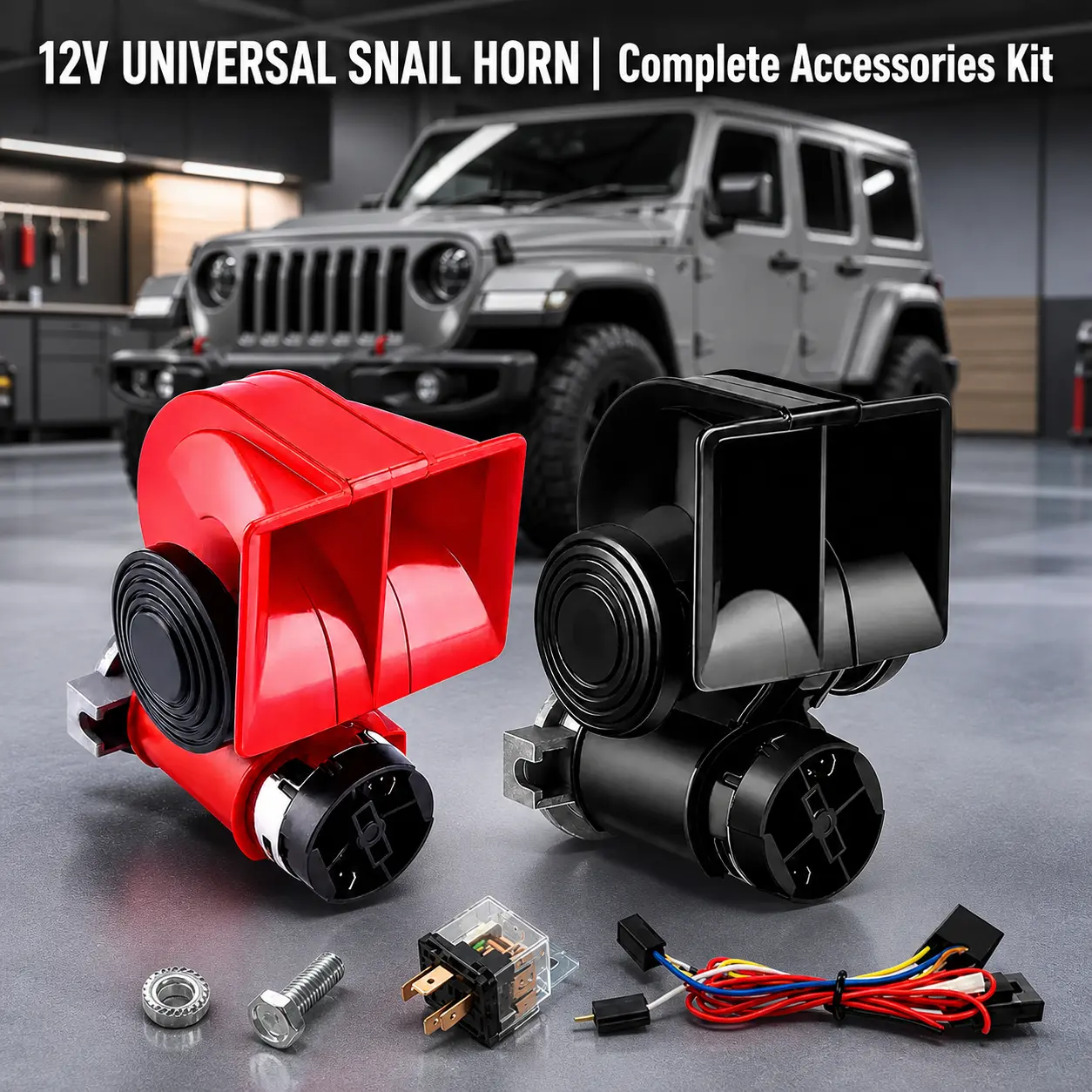Super loud 12V snail horn complete kit, available in black and red. Includes relay and wiring harness. Universal train horn upgrade, suitable for trucks, cars, motorcycles, SUVs/Jeeps, and modified vehicles.
