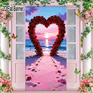 2D flat banner, 1pcRomantic Beach Sunset Backdrop with Rose Heart Arch, Red Heart Decorations for Love Themed Photoshoots, Pink & Purple Sky, Ocean Waves Scenic Backdropgalentines party decor, valentine day decor, decorations for valentines day