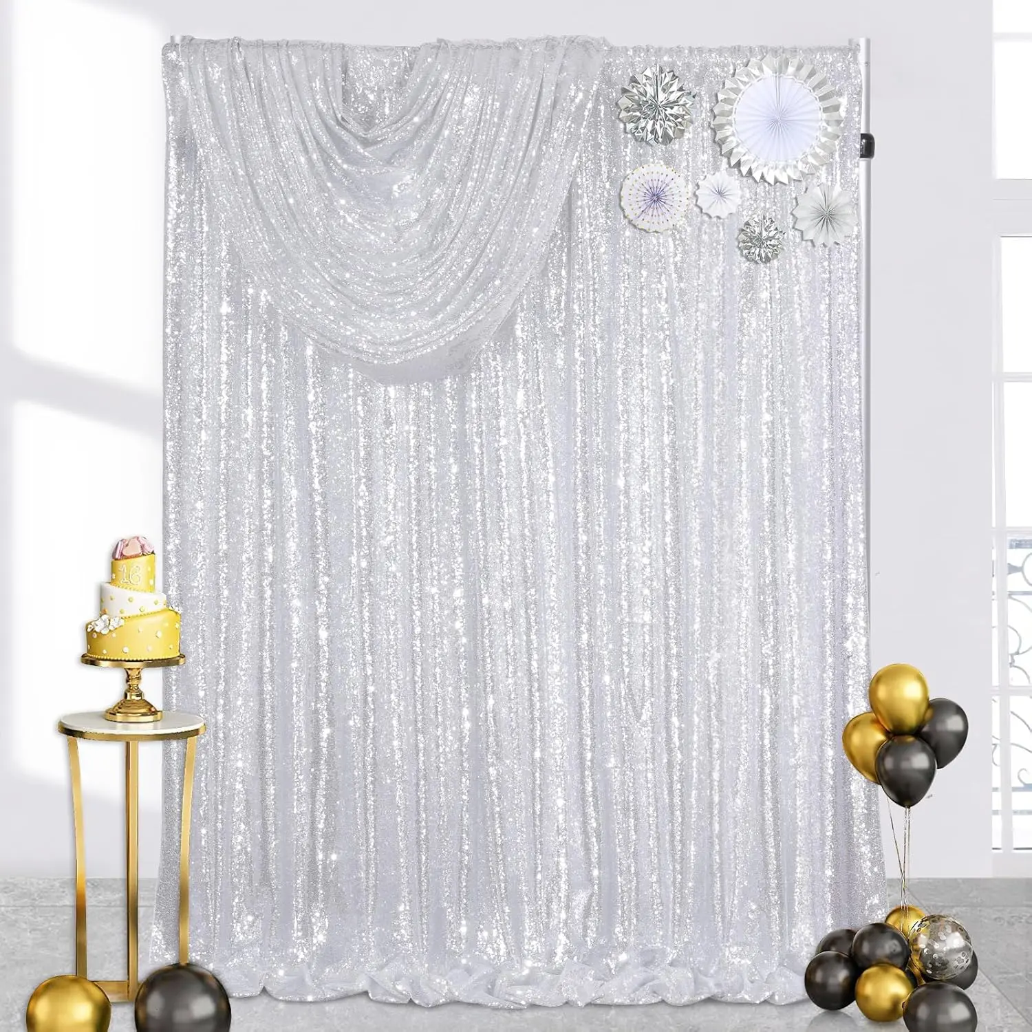 Silver Sequin Mesh Backdrop Curtain - 1pcs-4ftx8ft Polyester Sequin Backdrop Decoration, 4x8ft Photo Wall Banner for Christmas Party, Wedding, Baby Shower, Indoor/Outdoor Home Festive Supplies
