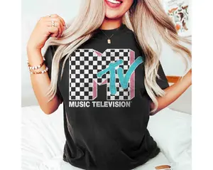 Comfort Colors MTV Neon Distressed Checkered Logo Graphic Shirts, Retro 80s & 90s MTV Wash Family Matching Tee, Vintage MTV Birthday Girl