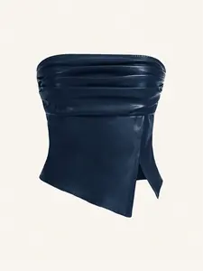 Ruched Leather Tube Top - Navy Blue Party Top for Women