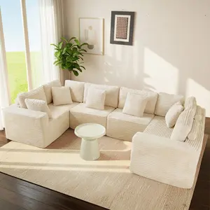 Aobtkel® 135.5" Beige Corduroy Modular Sectional Sofa – 6-Seater U-Shaped Sofas Living Room Couch with Reversible Chaise Lounge, Freely Configurable for Small Apartments, Easy to Assemble