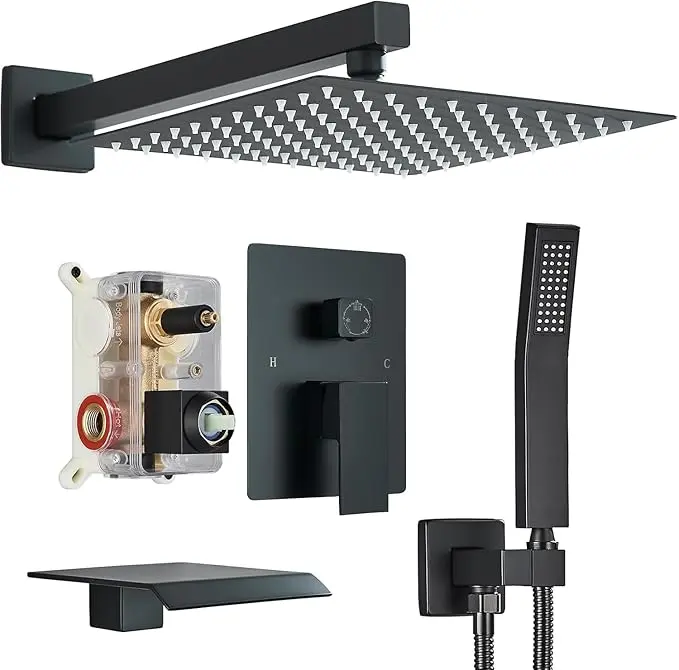 12 Inch Modern Bathtub Shower System with Tub Spout - 3-Function Wall-Mounted Shower Faucet Set, Brushed Nickel/Matte Black Bath Spa System, High-Pressure Rain Shower Head & Handheld Sprayer, Rough-In Valve for Bathroom Upgrade