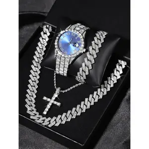Men's Punk Style Rhinestone Decor Watch & Bracelet & Adjustable Cross Charm Necklace & Cuban Necklace, Exquisite Trendy Watch Set As Gift with Box