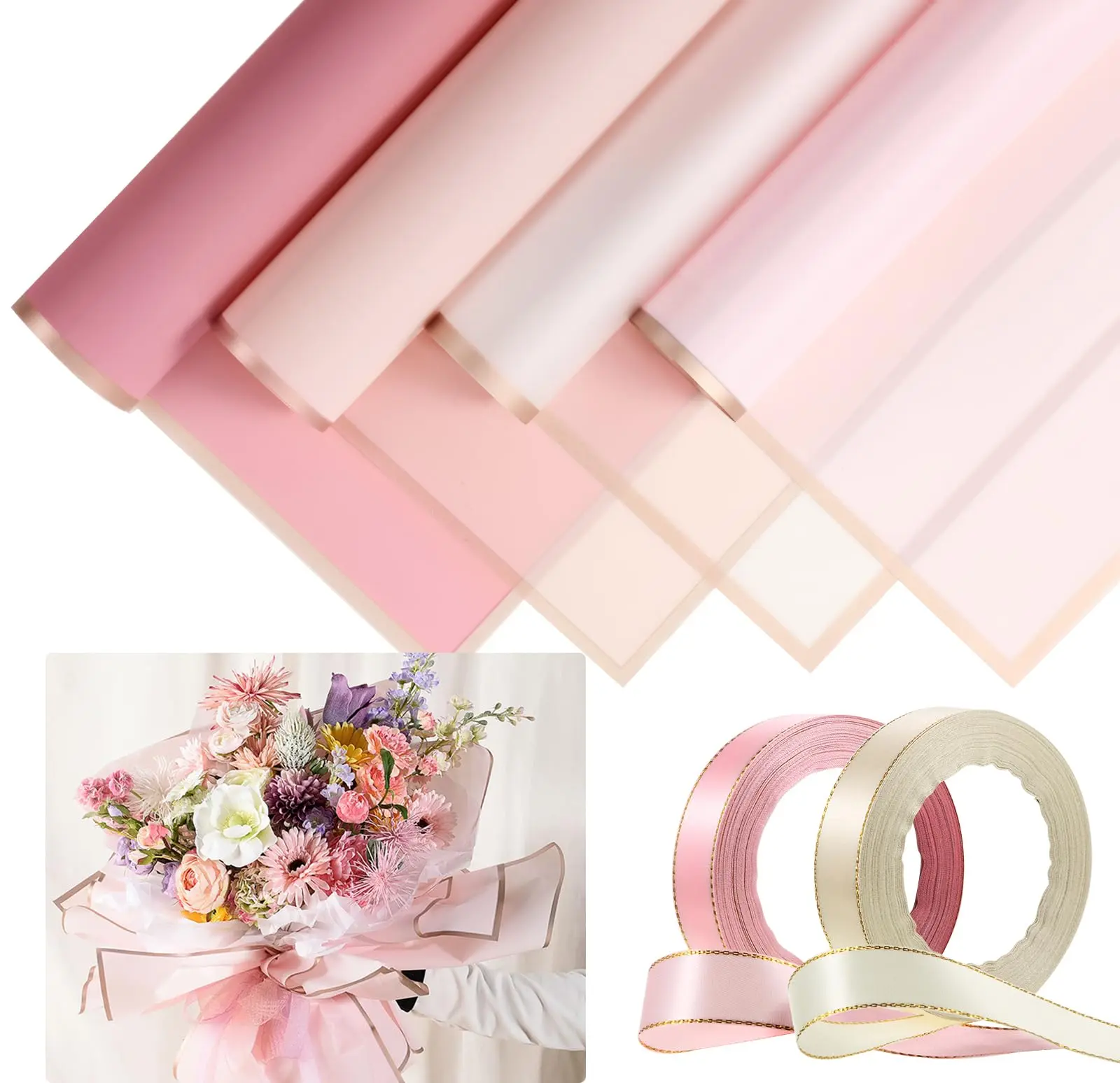 20 Sheets Thickened Waterproof Floral Wrapping Paper (23.6x23.6"), 24yd Ribbons Included - Gold-line Shine, Luxurious Frosted Texture, Moisture Shield, Damage Protection for DIY Decor Enthusiasts, High-end Home Decor Packaging Solution, Birthday Surprise,