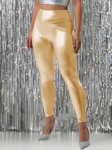 Women's High Waist Silver Color Embellished Tight-Fitting Pants, Elegant Fall Winter New Arrival, Comfortable & Stylish Design