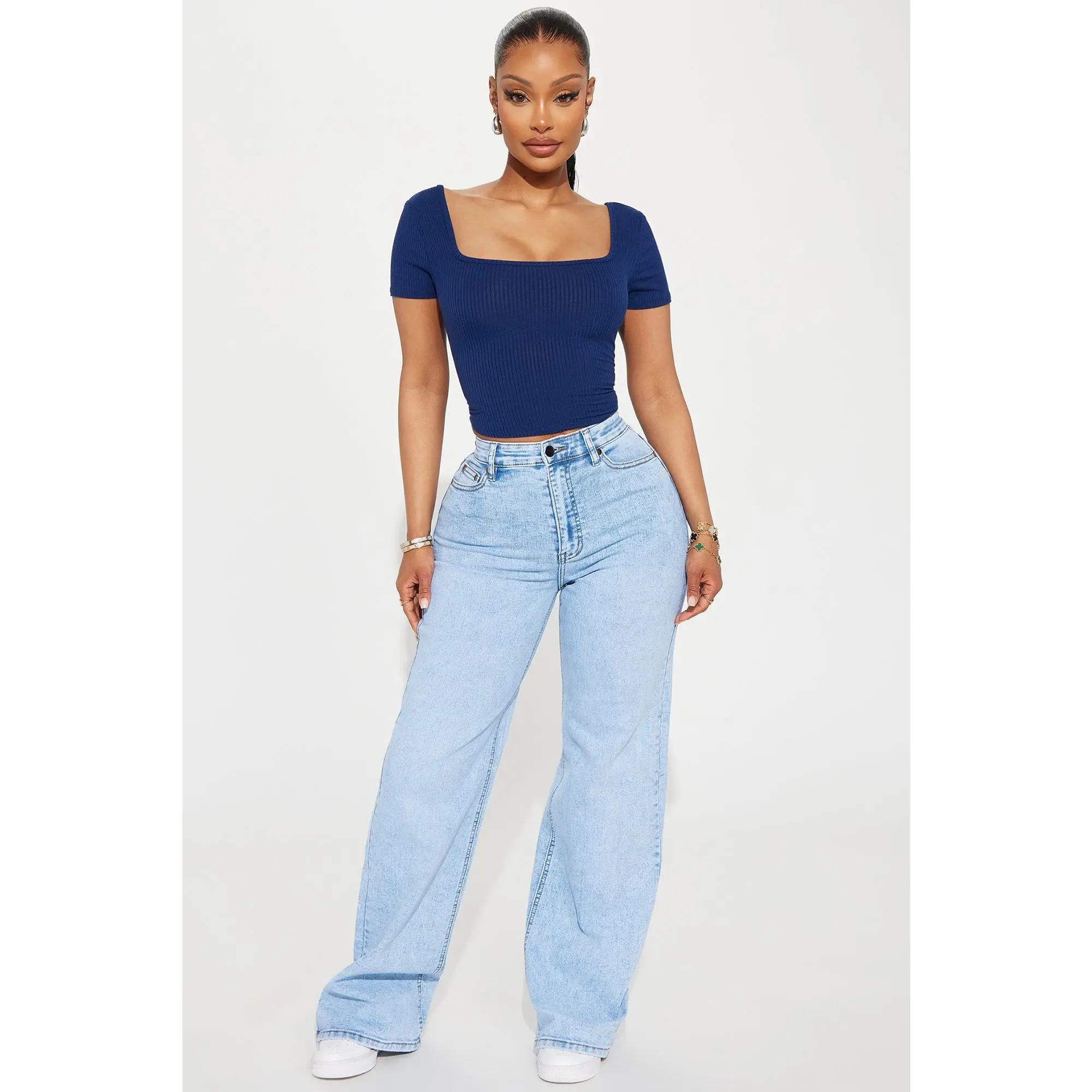 Make My Day Stretch Wide Leg Jeans - Light Wash