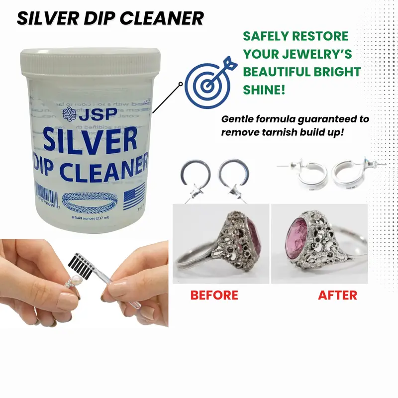 JSP Sterling Silver Dip Cleaner Tarnish Remover 925 Jewelry Cleaning Solution 8oz Household Cloth Microfiber Tool