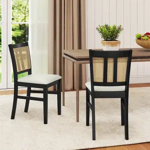 COSTWAY - Farmhouse Rattan Dining Chair Set of 2 with Rubber Wood Legs and Cane Back-Beige