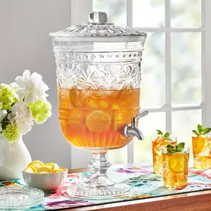 2-Gallon Clear Glass Beverage Dispenser with Embossed Design - Home Decor - Elegant Farmhouse Style
